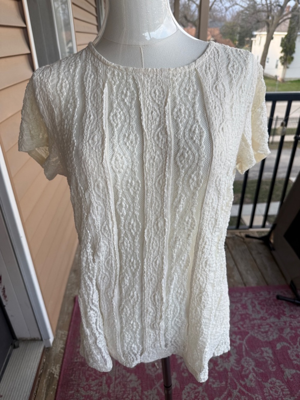 CAbi Ivory Textured Lace Short Sleeve Top